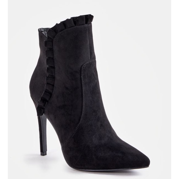 Black Faux Suede Victorian Heeled Bootie - Picture 4 of 11